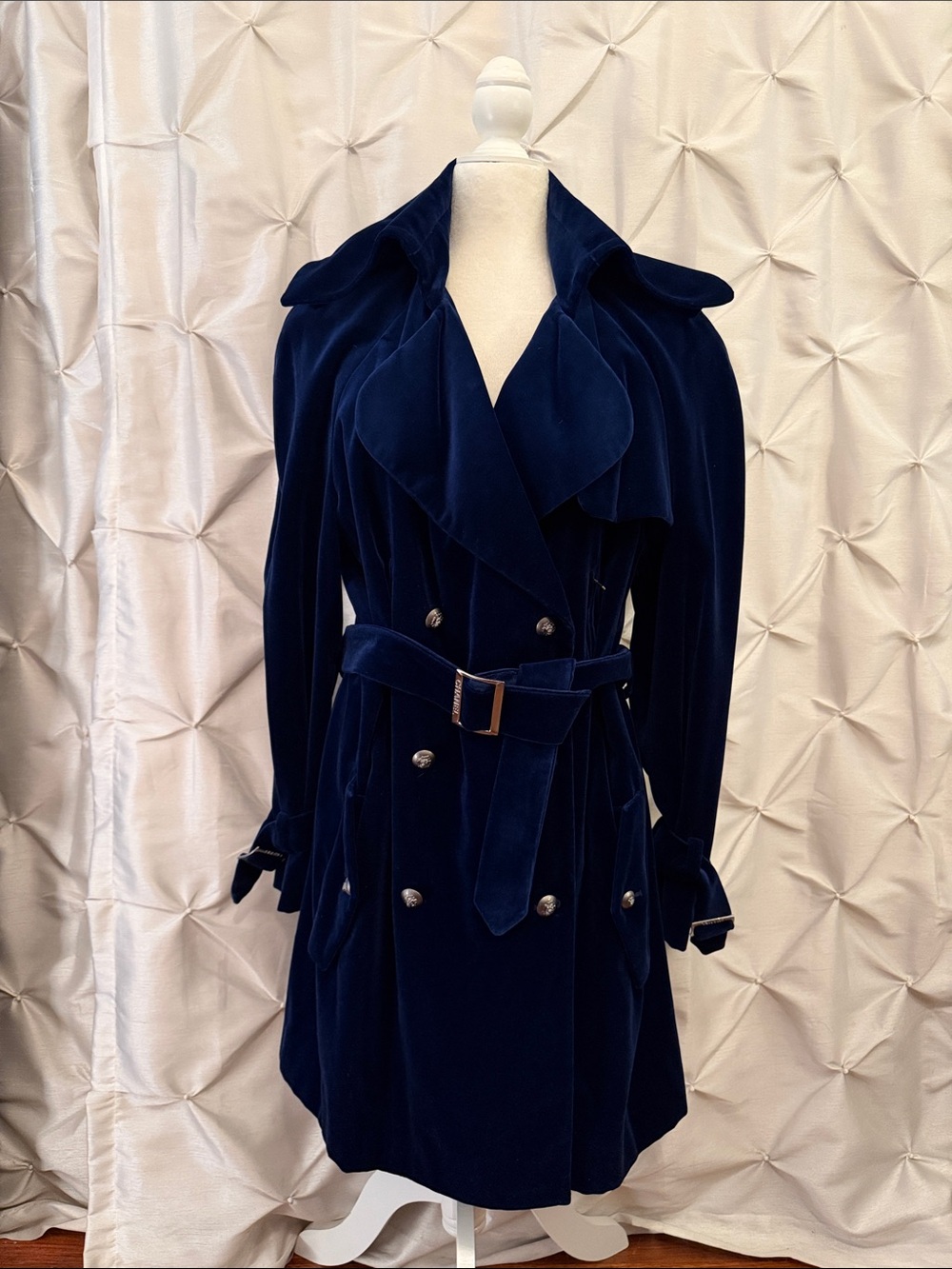 CHANEL Navy Velvet Double-Breasted Trench Coat